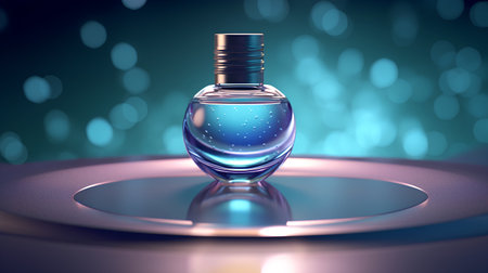 3d render of perfume bottle on blue bokeh background.の素材