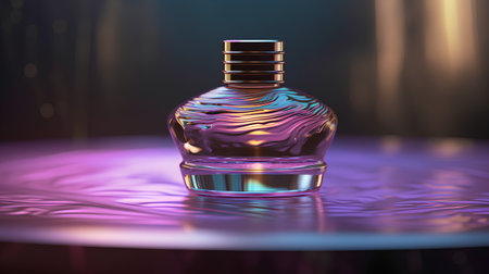 Perfume bottle on water surface, 3d render illustration.の素材