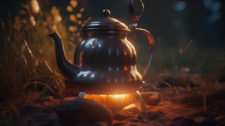 Antique copper teapot on the ground in the forest at nightの素材