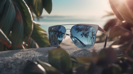 Sunglasses on a rock by the sea. Selective focus.の素材