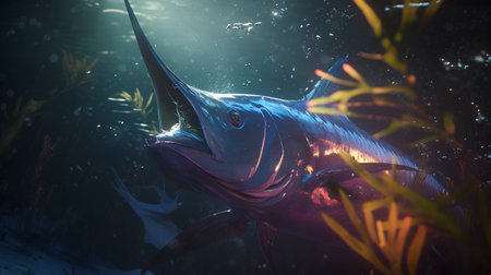 Marlin fish swimming in the aquarium. 3d render illustration.の素材