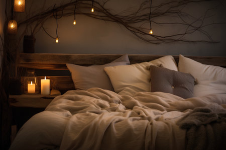 Wooden bed with candles in the dark room. 3d renderingの素材