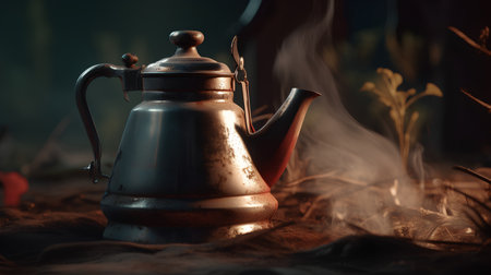 Old metal teapot on a dark background. Vintage style.の素材