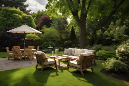 Outdoor patio with armchairs and table in the garden. 3d renderの素材