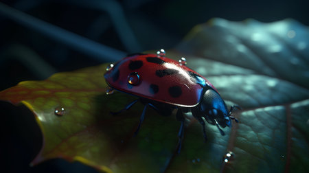 ladybug on a green leaf close-up in the darkの素材