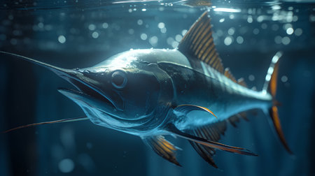 Blue marlin fish swimming in the water. 3D illustration.の素材
