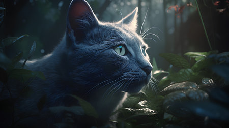 Portrait of a gray cat with blue eyes in the garden.の素材