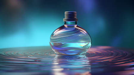 3d render of a bottle of perfume on a water surface.の素材