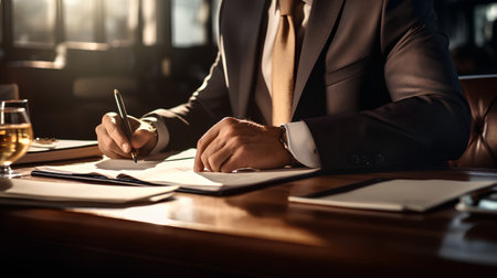Businessman signing contract at table in cafe. Businessman signing document.の素材