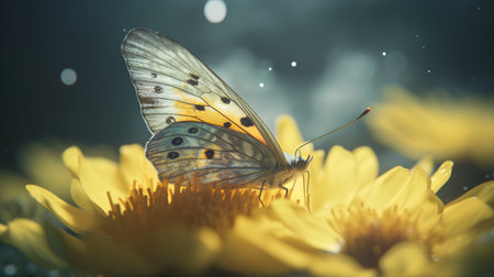 Butterfly on yellow dandelion flower with raindrops.の素材