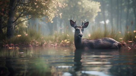Mule Deer, cervus elaphus, swimming in a lake.の素材