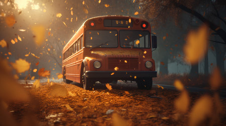 School bus in the autumn forest. 3D render. Back to school conceptの素材