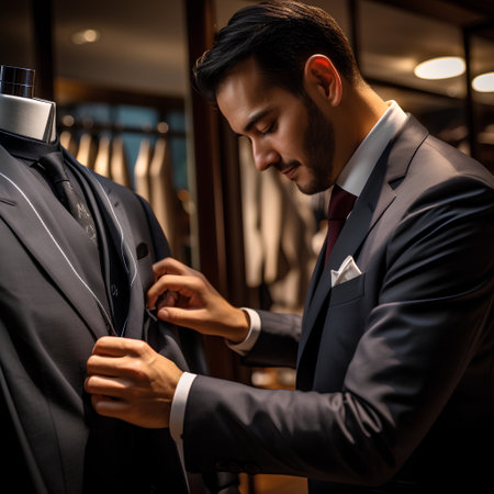 Young handsome man trying on a suit in a shop. Business concept.の素材