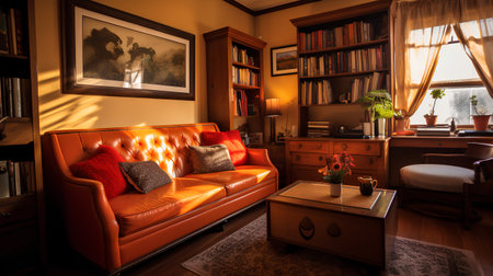 Cozy living room with orange sofa, coffee table and bookshelves.の素材