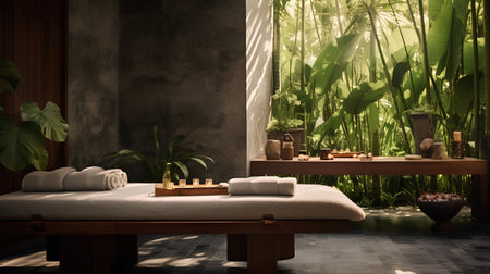 Spa massage room with tropical plants and towels. 3D renderingの素材