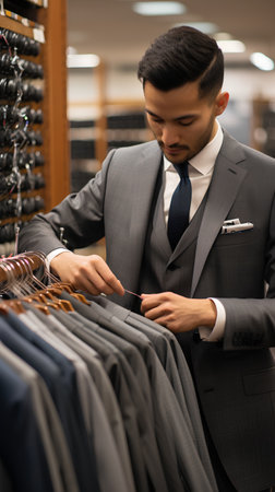 Handsome young man in suit choosing a suit in the storeの素材