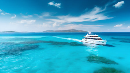 White yacht in turquoise sea at sunny day. 3d renderingの素材