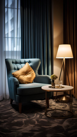 Interior of a room with a blue armchair and a lampの素材