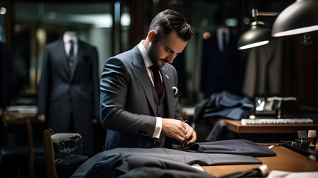 Handsome young man in a suit working in a tailor shopの素材