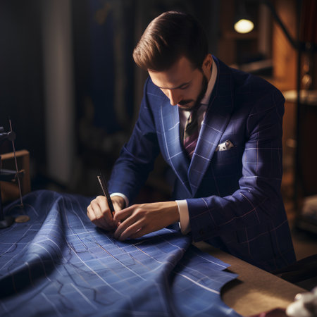 Close-up portrait of a handsome young man in a blue suit working on a sewing machineの素材