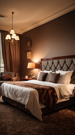 Interior of a hotel bedroom with brown walls and wooden bedside tables. 3d renderの素材