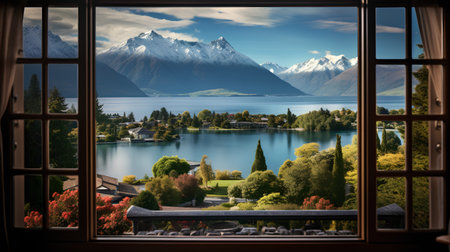 Beautiful view from the window at Lake Wanaka in New Zealandの素材