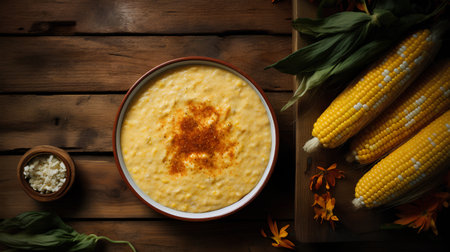 Creamy corn soup in a ceramic bowl on a wooden backgroundの素材