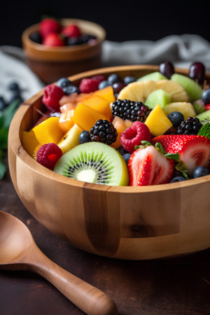 Healthy fruit salad in wooden bowl with fresh fruits and berries.の素材