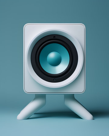 White loudspeaker isolated on blue background. 3d render illustration.の素材