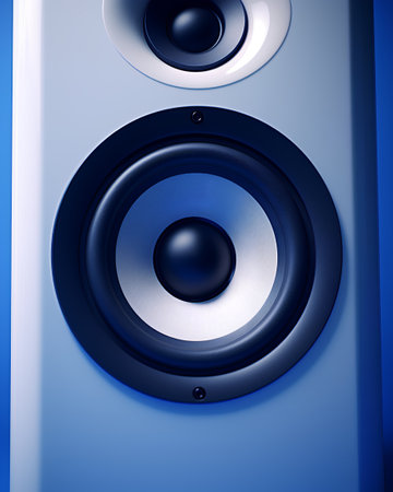 Close up of a blue speaker on a blue background. 3D renderingの素材