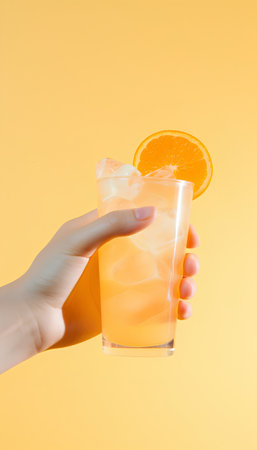 Hand in white glove holds glass of orange juice with ice cubes on yellow backgroundの素材