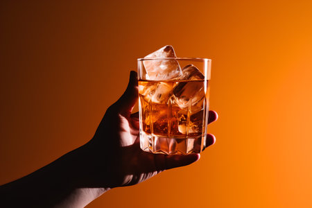 Female hand holding a glass of whiskey with ice cubes on orange backgroundの素材