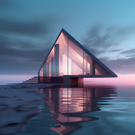 3d render of a modern house on the water with reflection.の素材