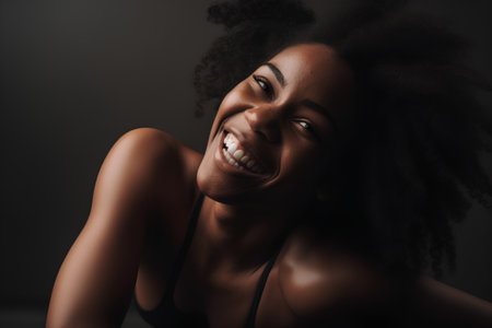 Beautiful young african american woman with afro hairstyle laughing.の素材