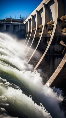 Water flowing from the hydroelectric power station on a summer day.の素材