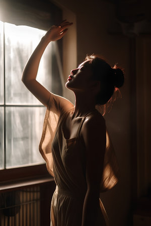 Beautiful asian woman in evening dress standing near window at homeの素材