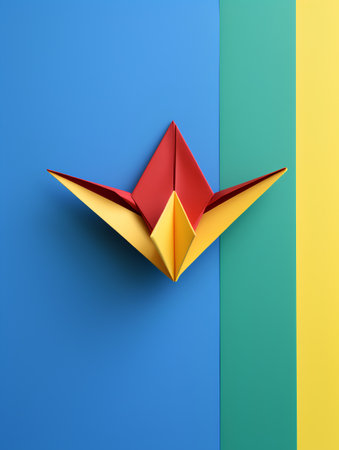 Paper origami crane on blue and yellow background. 3d renderingの素材