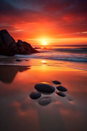 Beautiful seascape with stones at sunset. Nature composition.の素材
