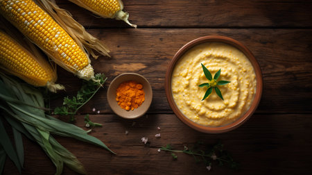 Corn puree with spices in bowl on wooden background. Top viewの素材