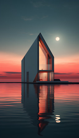3d render of modern house on the water at sunset with reflectionの素材
