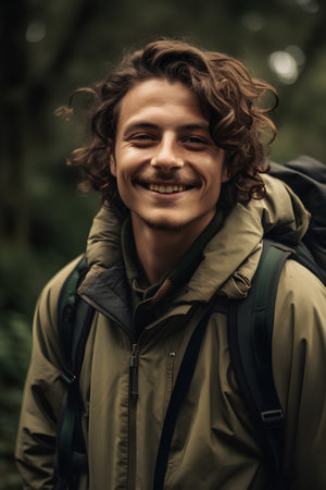 Handsome young man with curly hair smiling in the forest.の素材
