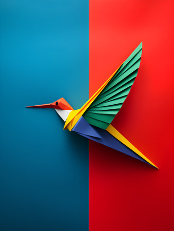 Paper origami bird on red and blue background. Vector illustration.の素材