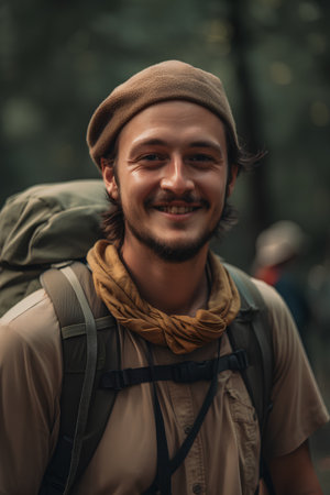 Portrait of a smiling young man with a backpack in the forestの素材