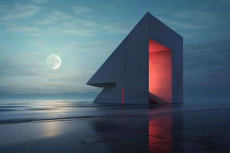 3d rendering of a stone arrow in the sea with a full moonの素材