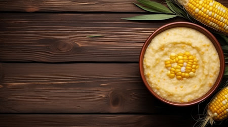 Corn porridge in bowl on wooden background. Top view with copy spaceの素材