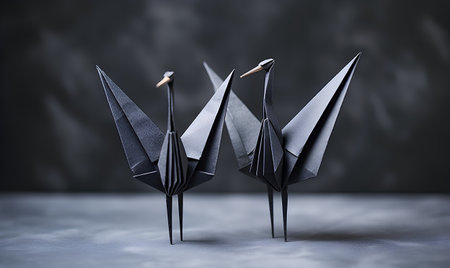 Black origami cranes on a dark background. 3d renderingの素材