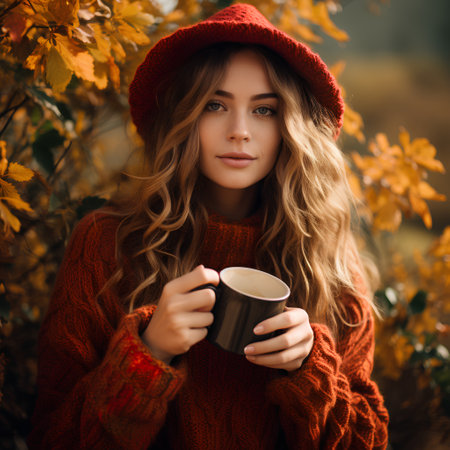 Beautiful young woman in red sweater and hat with cup of coffee in autumn parkの素材