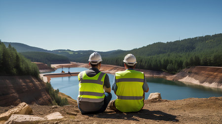 Back view of two engineers sitting on the edge of a pit and looking at the lakeの素材