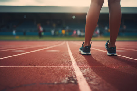 Closeup of female athlete standing on running track and ready to runの素材