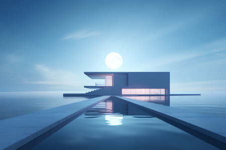 3D rendering of a modern villa on the sea at nightの素材
